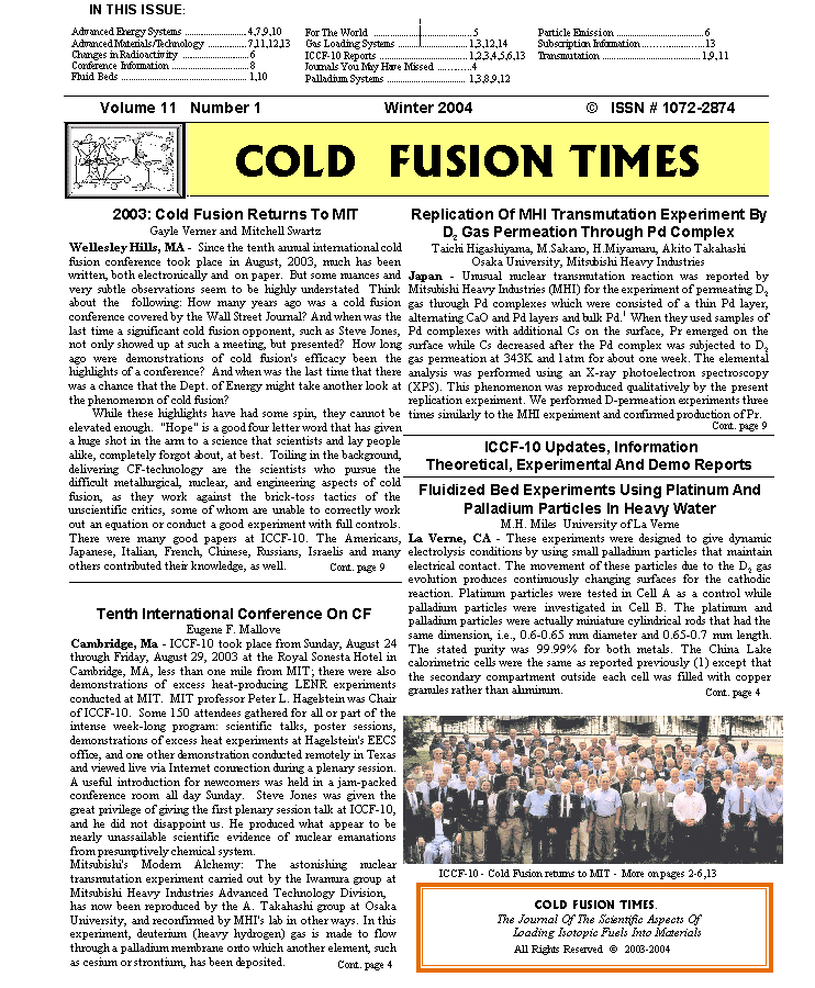 Front page of the COLD FUSION TIMES, volume 11, issue 1 (Winter 2004)